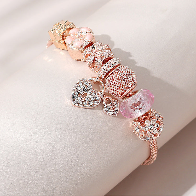 V - Beautiful Pink Color Oil Dripping Diamond Bead Flower Bracelet Adjustable Snake Chain Crystal Flower Love Heart Charm Bracelet