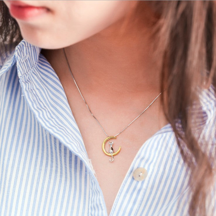 925 Silver Moon Cat Necklaces Pendants Choker Necklace for women girl Jewelry Colar de Plata