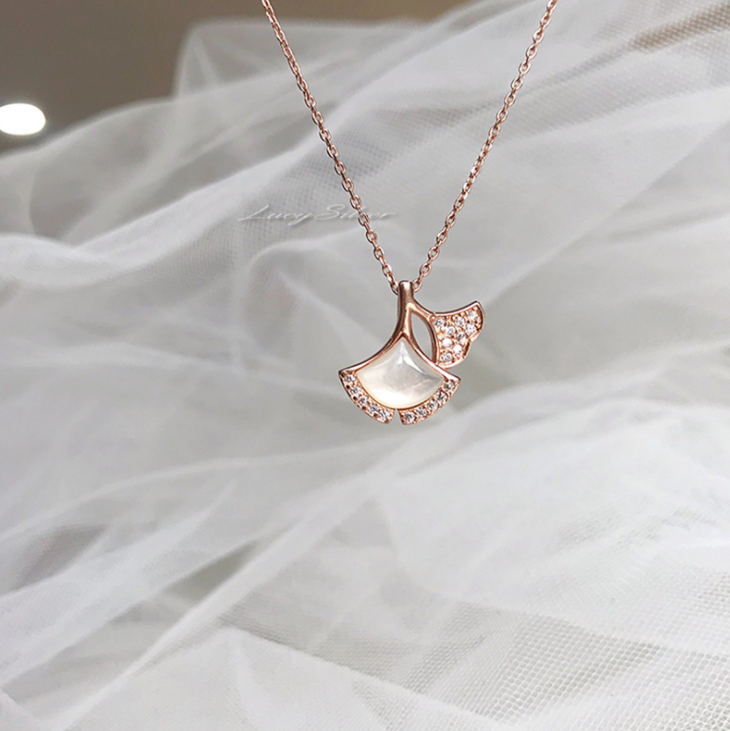 925 silver Korean sweet and temperament rose gold rhinestone double Ginkgo leaf shape pendant necklace women