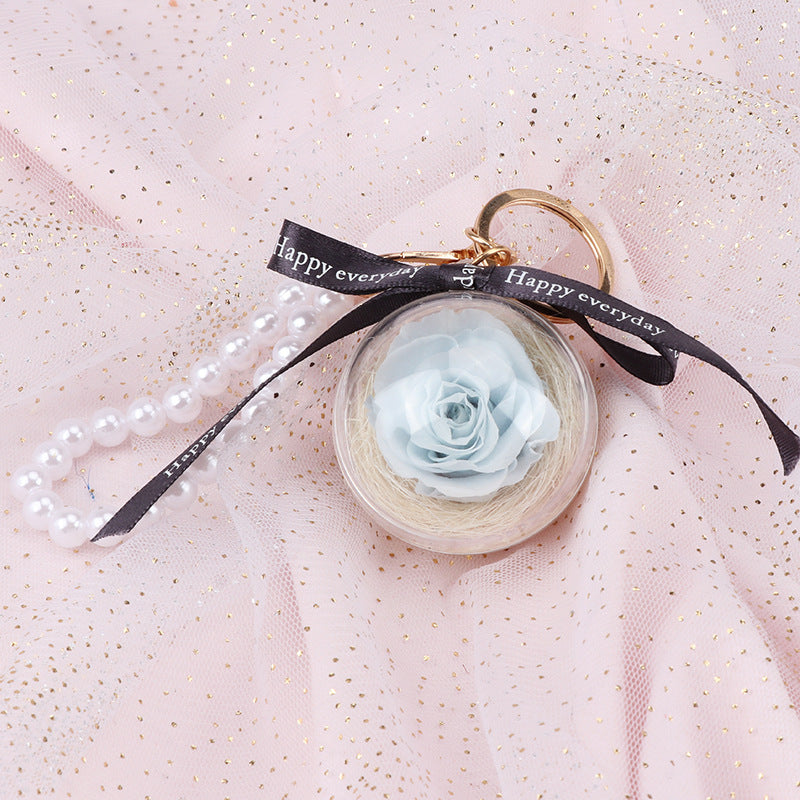 N - Real Preserved Rose Handmade Gift Glass Ball Pearl Hand Bag Charm Keychain Gifts