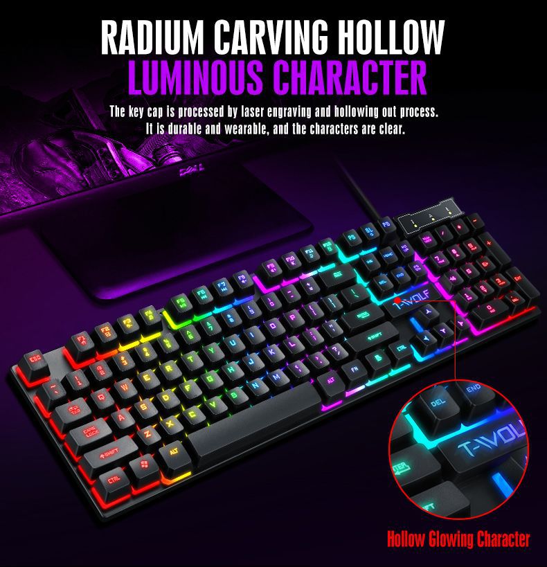 N - TF200 Rainbow Backlight Gaming Mechanical Keyboard and Mouse Set USB Wired 104 Keys LED For Windows PC