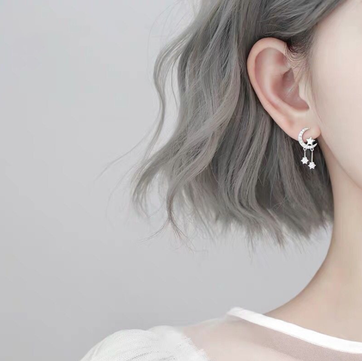 925 sliver simple and sweet crystal rhinestone star and moon shape tassel earrings women