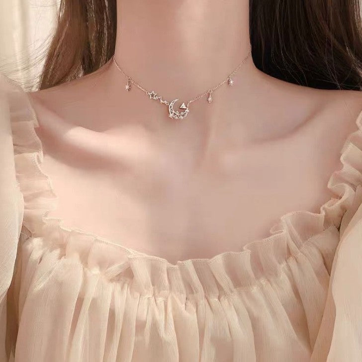 O - Crescent Moon Stars Crystal Necklace 925 Sterling Silver Galaxy Solar Universe Chocker Pendant Gift