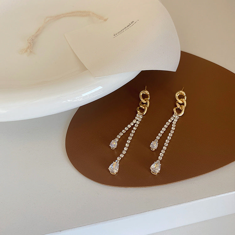 A - 18K Gold Plated Double Diamond Cubic Zirconia Chain Earring Drop Gift