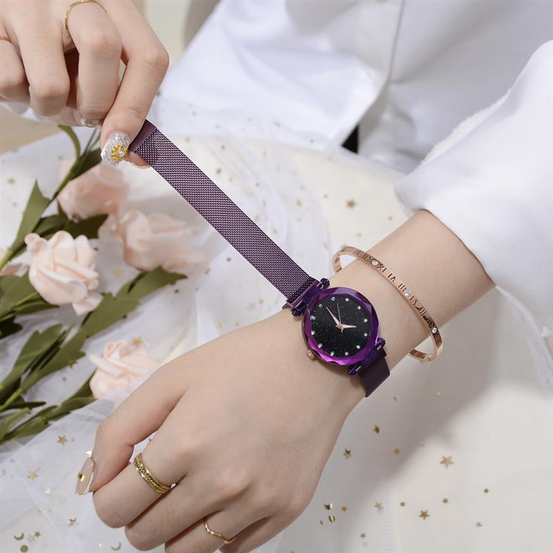 Star Dust Crystal Watch Adjustable Stainless Steel Bracelet Rose Gold, Black, Blue and Purple