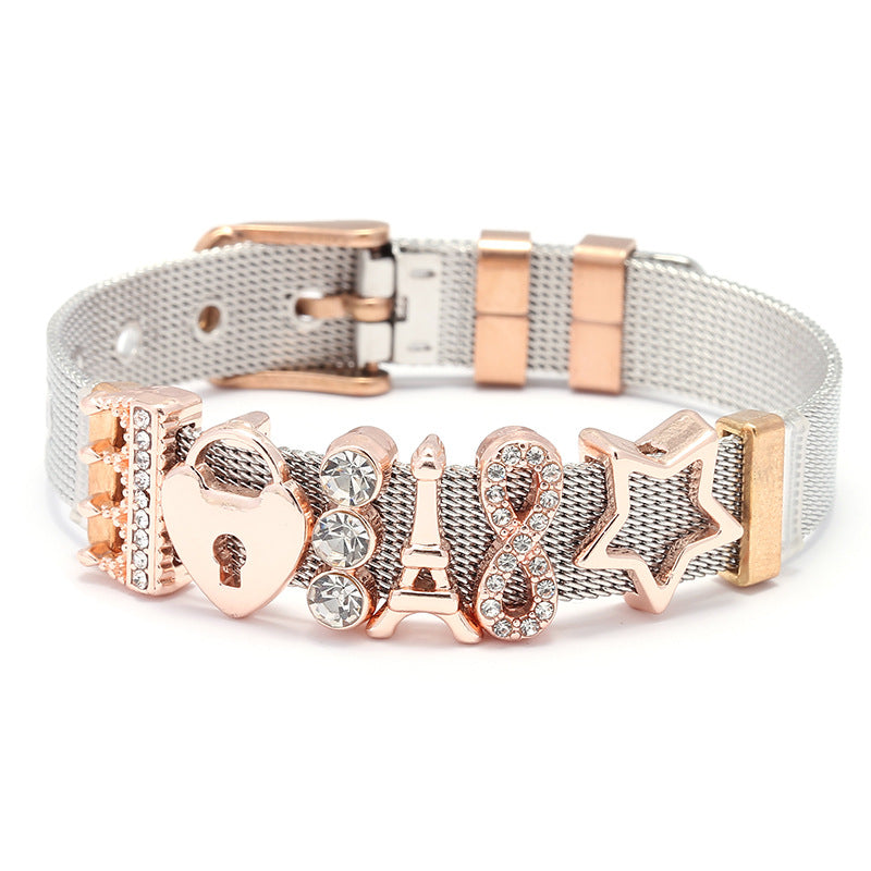 T - Braided Stainless Steel Bracelet Eiffel Tower Heart Star Rhinestone Crystal Charm Bracelet