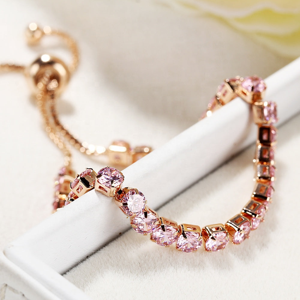 B - Crystal Adjustable Tennis Bracelets White Purple Red Green Pink in Silver & Rose Gold Alloy Gift