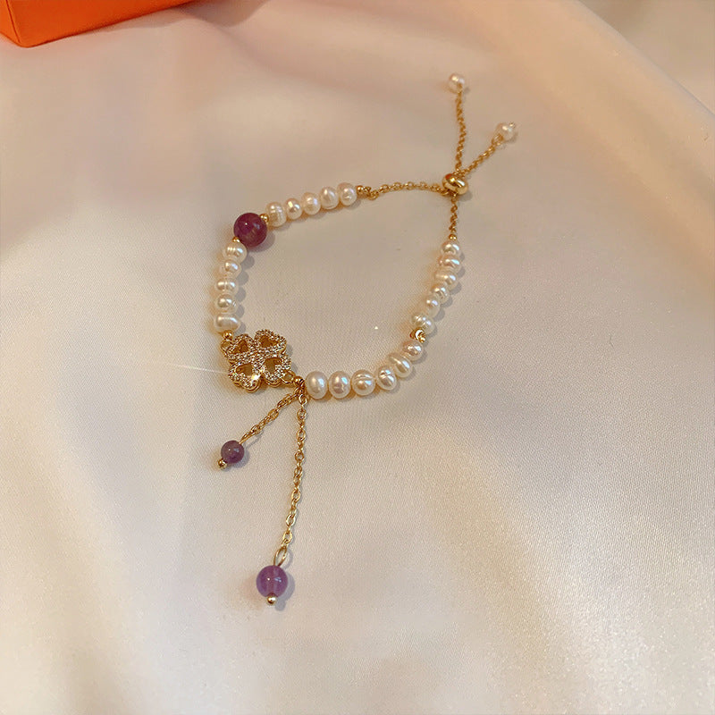 L - Four Leaf Clover Real Fresh Water Pearl Gold Bead Bracelets Gift