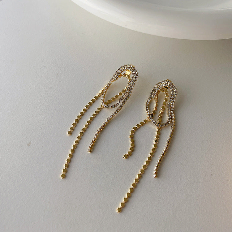 J - Crystal Rhinestone Tassel 18K Gold Plated Paper Clip Earrings Elegant Long Drop Earrings Jewelry