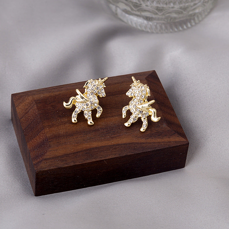 J - Winged Unicorn Earrings Crystal Gold Hypoallergenic 925 Sterling Silver Post Stud Dainty Birthday Gift