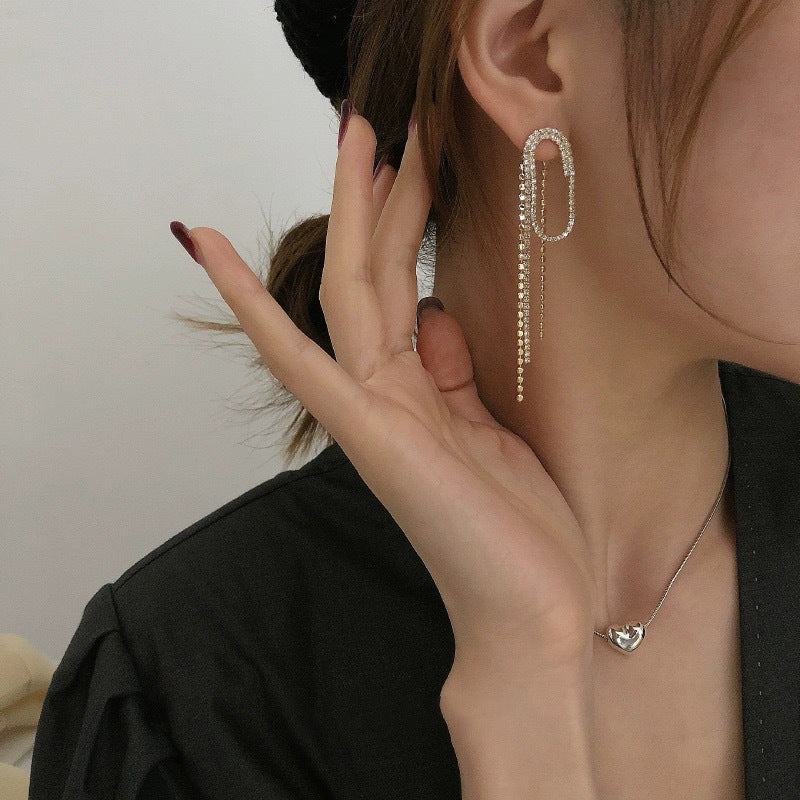 J - Crystal Rhinestone Tassel 18K Gold Plated Paper Clip Earrings Elegant Long Drop Earrings Jewelry