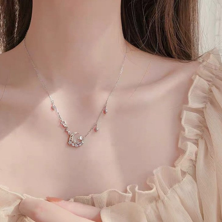 O - Crescent Moon Stars Crystal Necklace 925 Sterling Silver Galaxy Solar Universe Chocker Pendant Gift