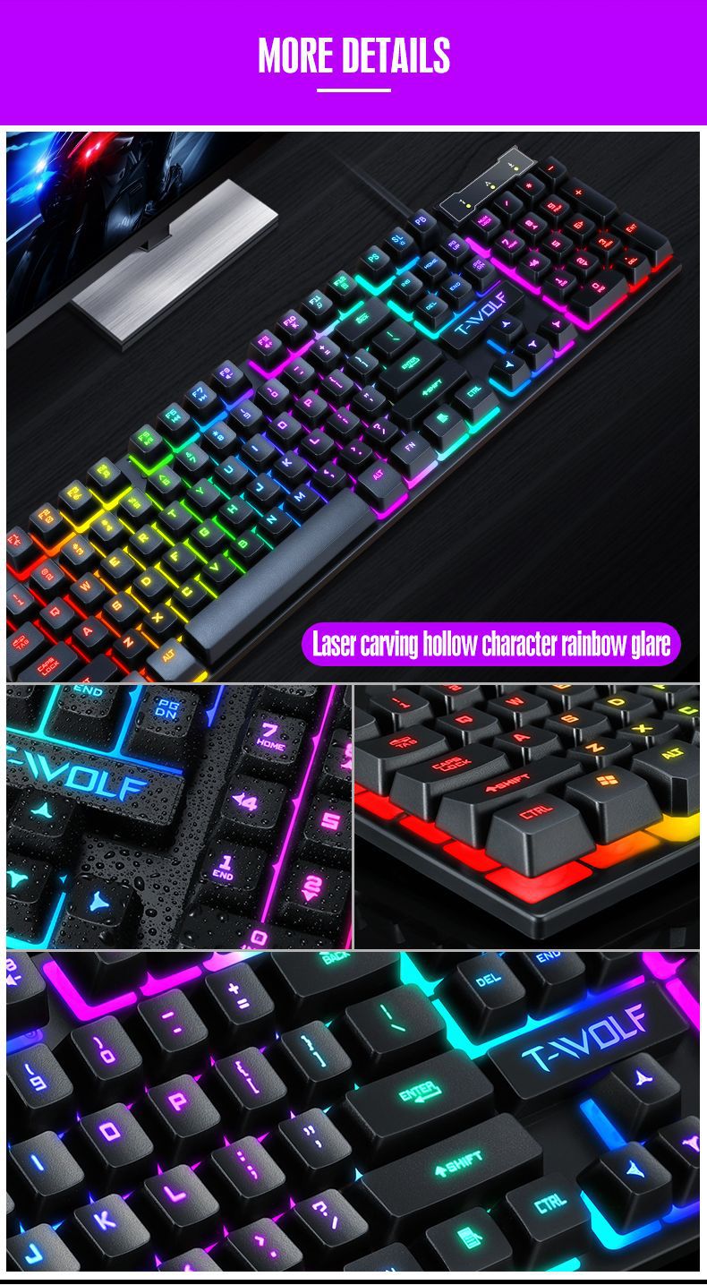 N - TF200 Rainbow Backlight Gaming Mechanical Keyboard and Mouse Set USB Wired 104 Keys LED For Windows PC