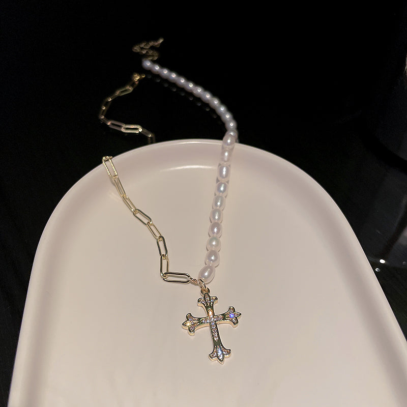L - fashion trendy cross freshwater pearl womens necklace 2021
