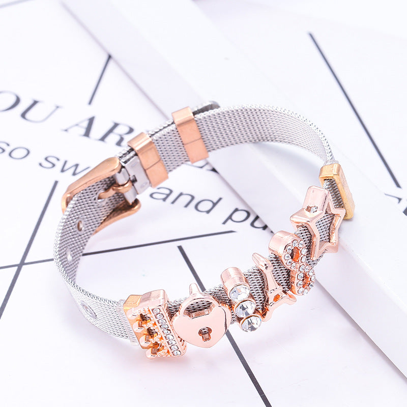T - Braided Stainless Steel Bracelet Eiffel Tower Heart Star Rhinestone Crystal Charm Bracelet