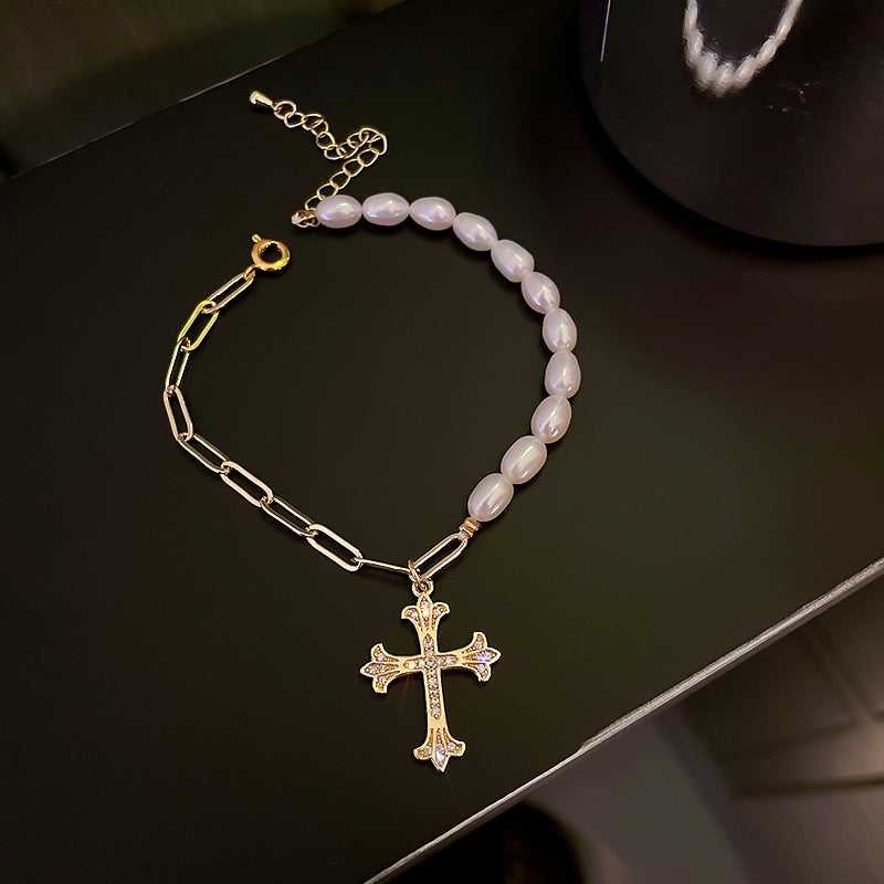 L - fashion trendy cross freshwater pearl womens necklace 2021