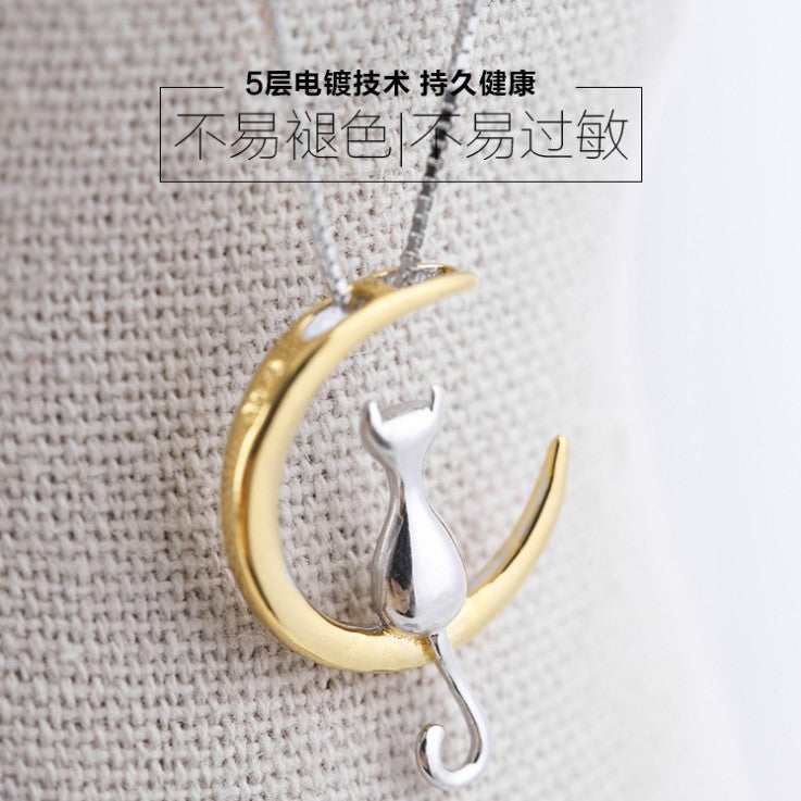 925 Silver Moon Cat Necklaces Pendants Choker Necklace for women girl Jewelry Colar de Plata