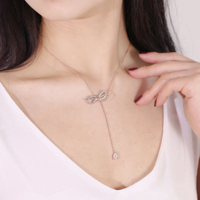 C - Rose Gold Crystal Butterfly Bow Tassel Chocker Alloy Necklace Pendant Birthday Wedding Gift