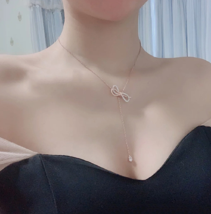 C - Rose Gold Crystal Butterfly Bow Tassel Chocker Alloy Necklace Pendant Birthday Wedding Gift