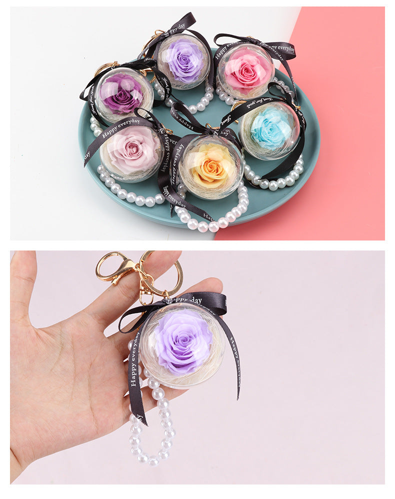 N - Real Preserved Rose Handmade Gift Glass Ball Pearl Hand Bag Charm Keychain Gifts