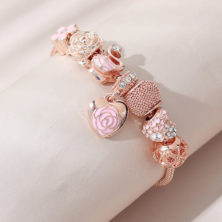 V - Beautiful Pink Color Oil Dripping Diamond Bead Flower Bracelet Adjustable Snake Chain Crystal Flower Love Heart Charm Bracelet