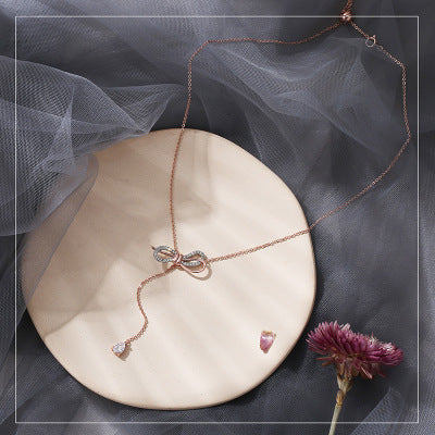 C - Rose Gold Crystal Butterfly Bow Tassel Chocker Alloy Necklace Pendant Birthday Wedding Gift