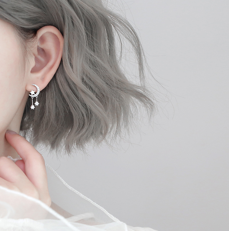 925 sliver simple and sweet crystal rhinestone star and moon shape tassel earrings women