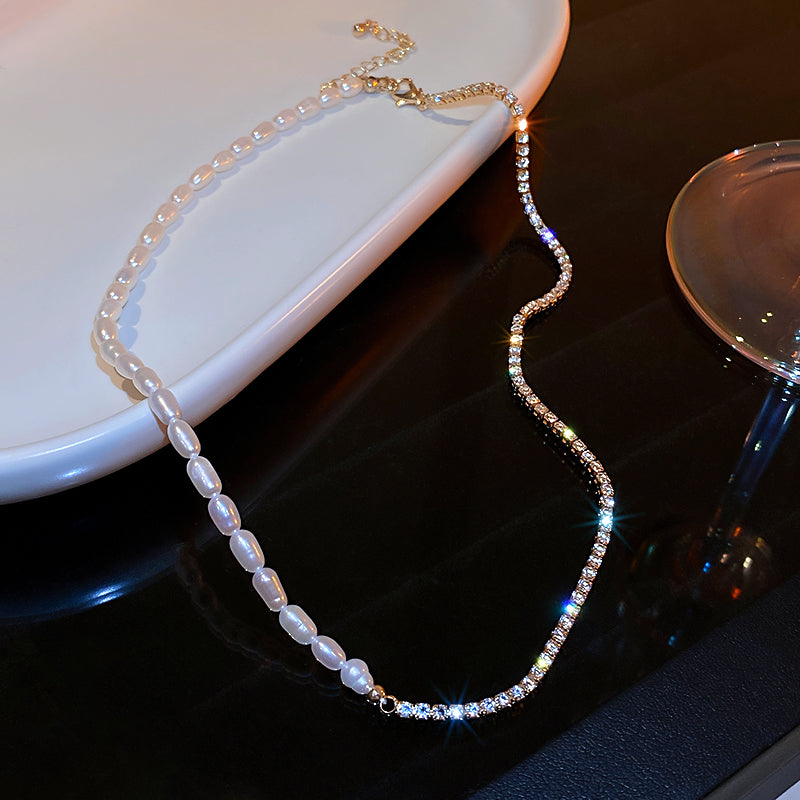 L - Crystal Splicing Baroque Pearl Necklace Freshwater Genuine Pearls