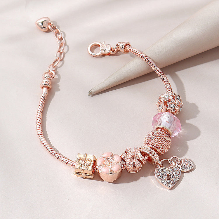 V - Beautiful Pink Color Oil Dripping Diamond Bead Flower Bracelet Adjustable Snake Chain Crystal Flower Love Heart Charm Bracelet