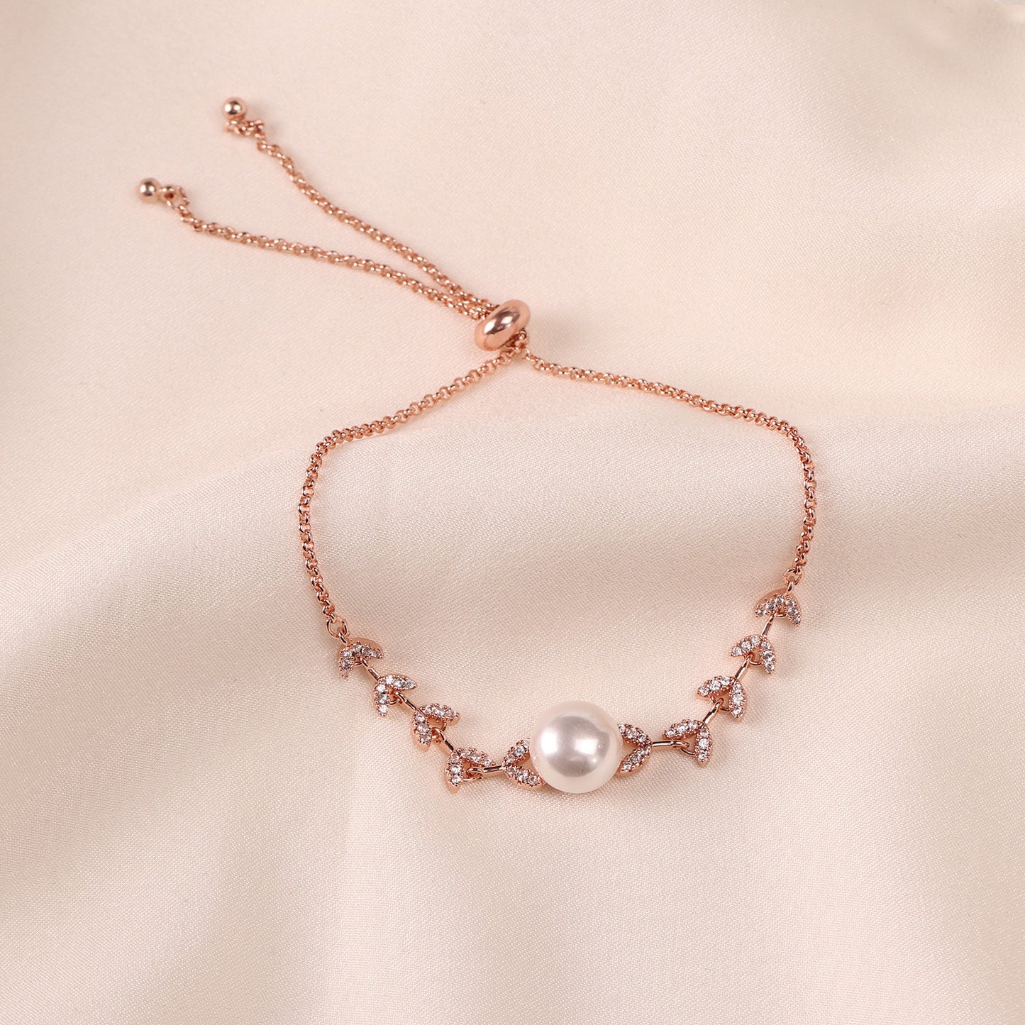 New Style Leaf Bead Copper Alloy Charm Bracelet With Freshwater Pearl Rose Gold-Plated Drawable Bracelet For Gift