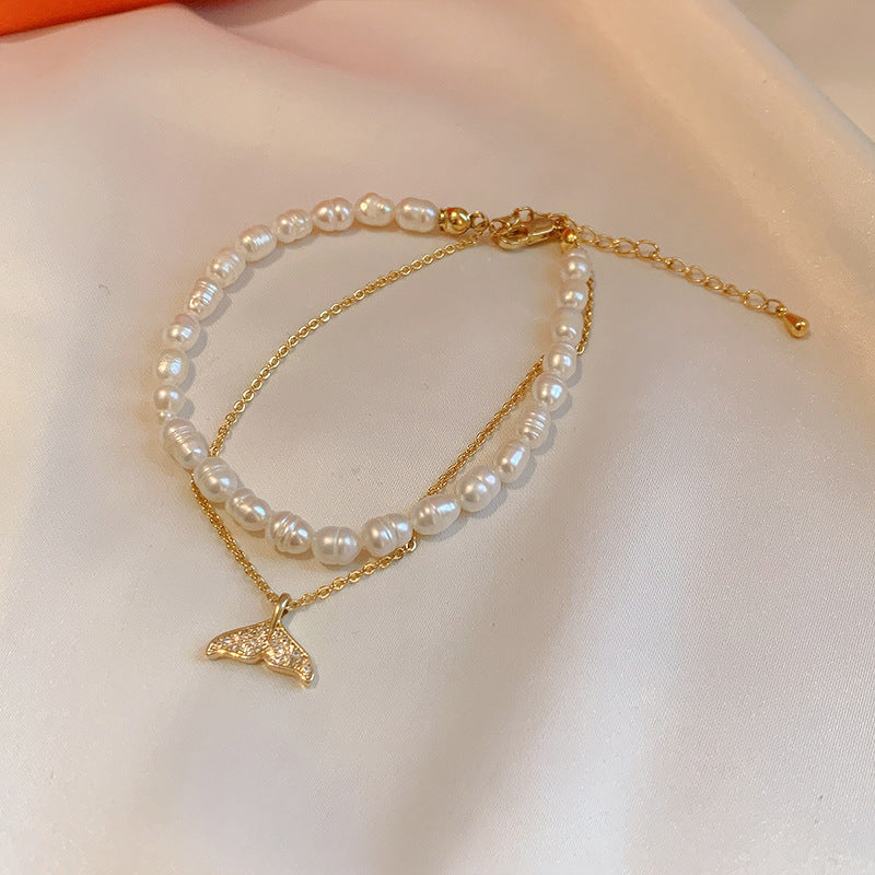 U - Whale Tail Real Fresh Water Pearl Gold Bead Bracelets Gift