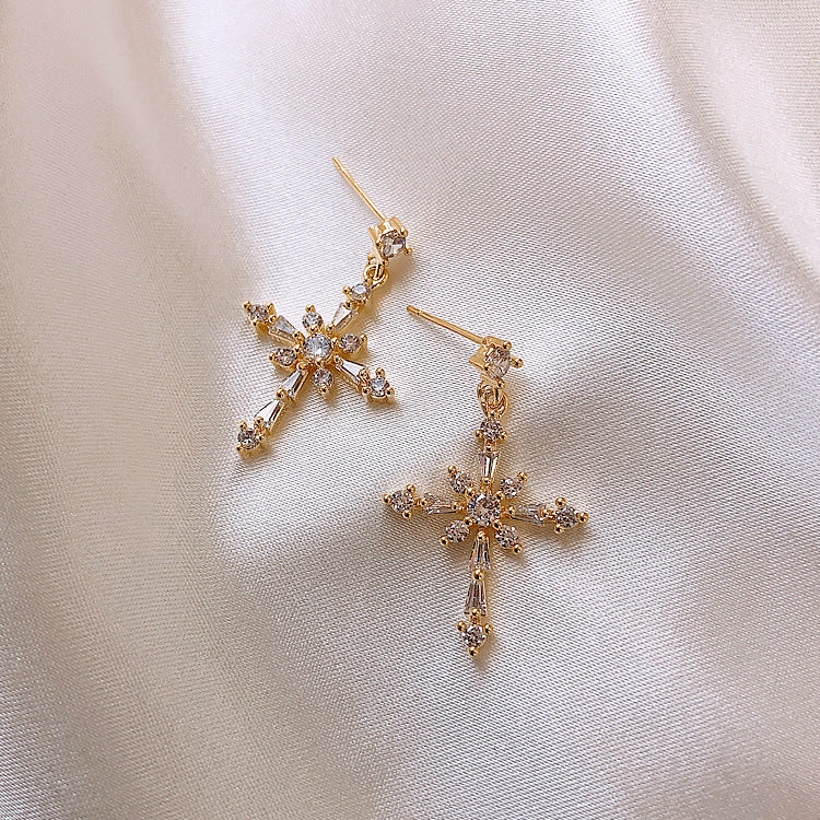 D - Crystal Cross Earrings 925 Sterling Silver Post Hypoallergenic Earring Drop Dangle Gift