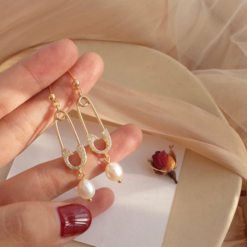 N - Real Pearl Baroque Crystal Paper Clip Gold Earrings Gift Girls Birthday Wedding Anniversary Gifts