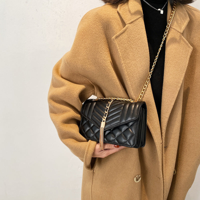 Vintage Striped Weave Pure Color Shoulder Bags Chain Crossbody Purse Sac Luxury Diamond Lattice Tassel Flap Handbags Women Bag