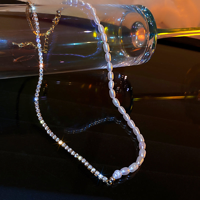 L - Crystal Splicing Baroque Pearl Necklace Freshwater Genuine Pearls