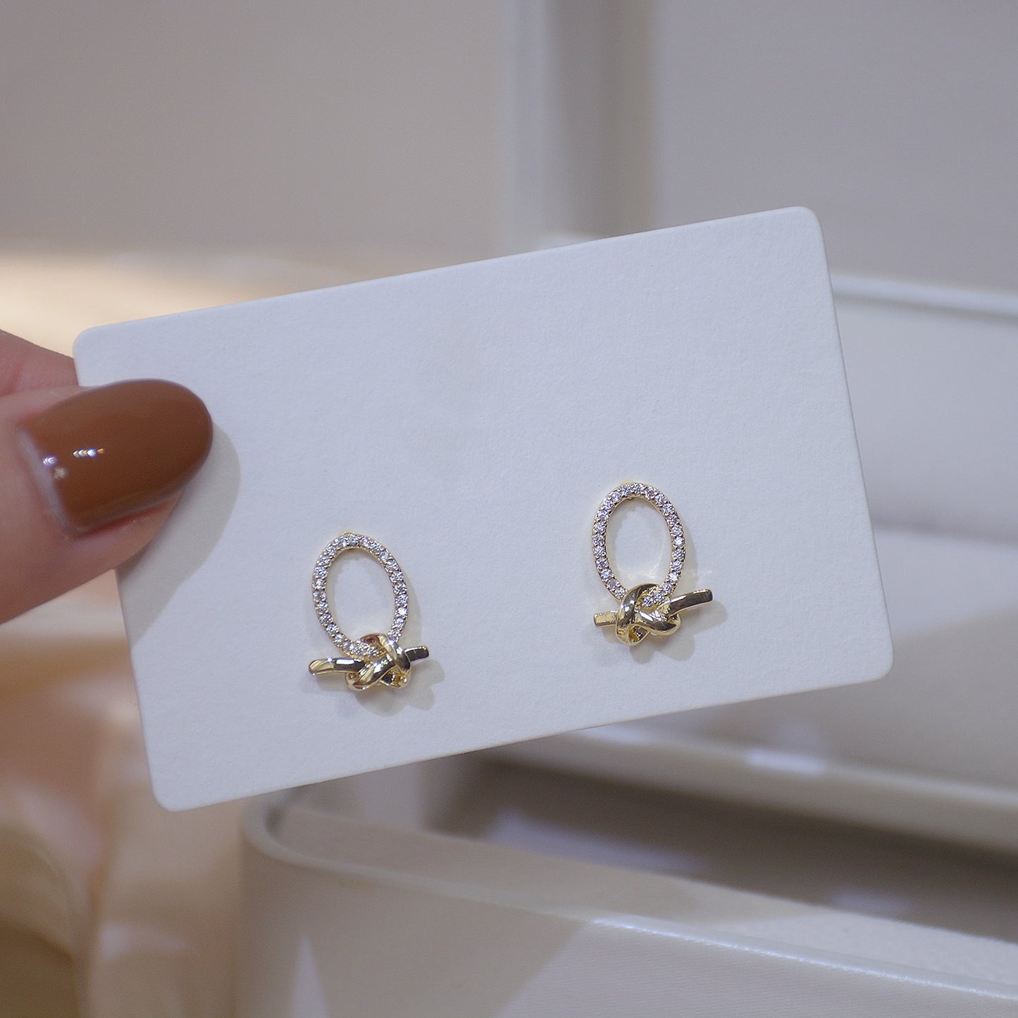 A - Gold Circle Bow Tie Earrings Crystal 925 Sterling Silver post Dainty Earring Gift