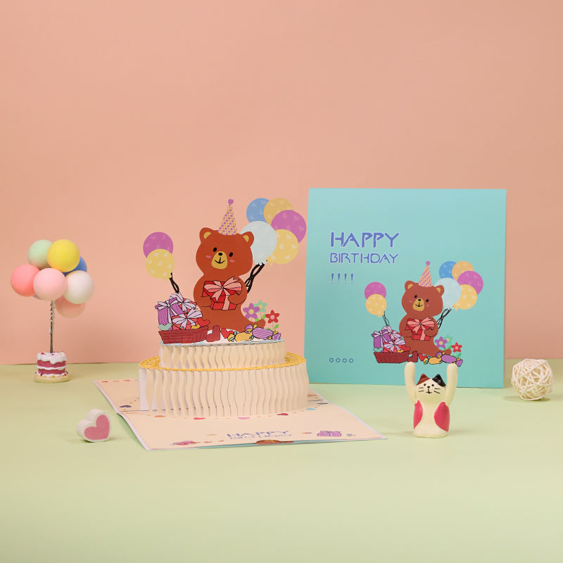 B - 3D Bear Birthday Cake Invitation Pop Up Creative Gifts Greeting Cards