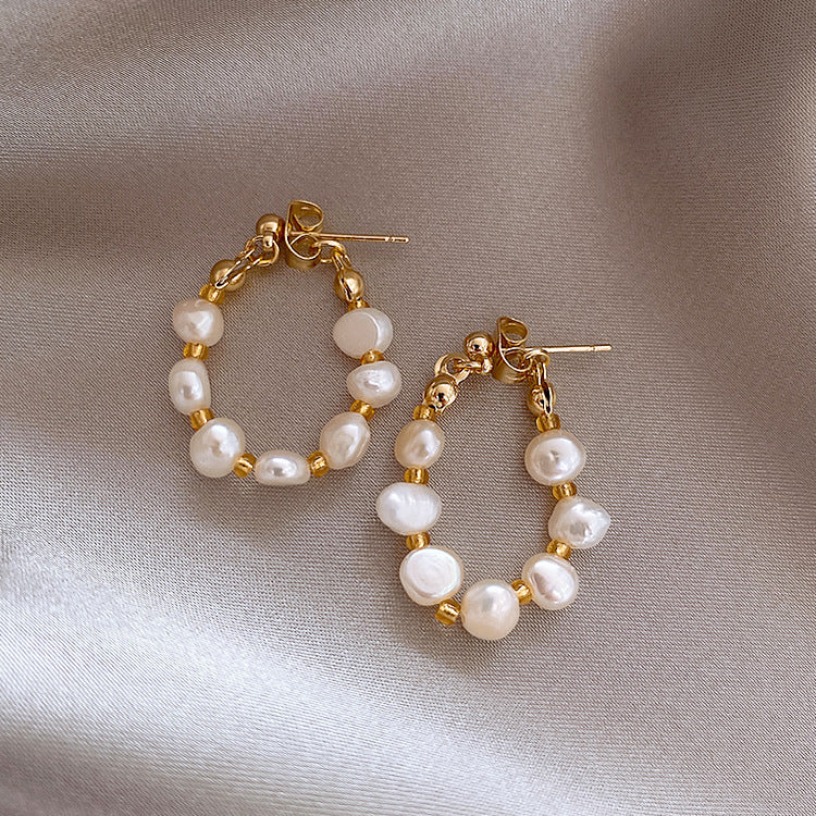 V - Real Pearl Hoop Earrings White Fresh Water Pearls Genuine Gift Gold Zinc Alloy