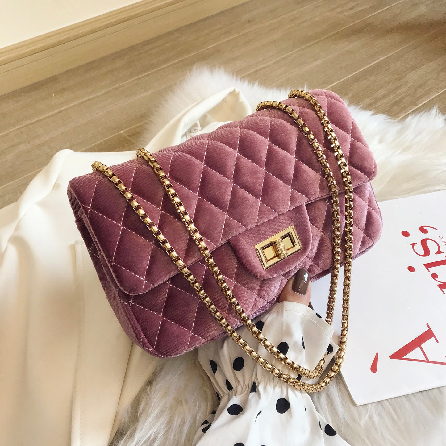 Diamond Lattice Small Square Bag Luxury Trendy Chain Crossbody Bags Soft Velvet Shoulder Handbags Women Bolsa de Hombro