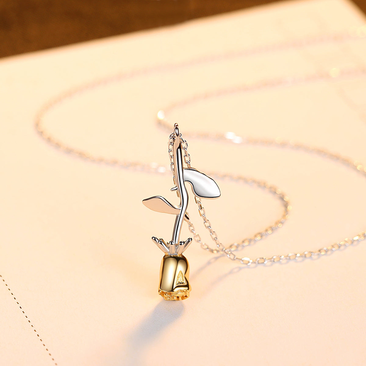 G - Rose Stem Necklace 18K Gold Plated on 925 Sterling Silver Belle Beauty & the Beast Pendant Gift