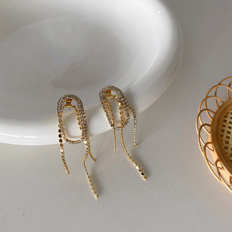 J - Crystal Rhinestone Tassel 18K Gold Plated Paper Clip Earrings Elegant Long Drop Earrings Jewelry
