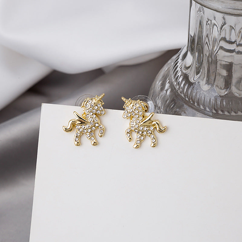 J - Winged Unicorn Earrings Crystal Gold Hypoallergenic 925 Sterling Silver Post Stud Dainty Birthday Gift
