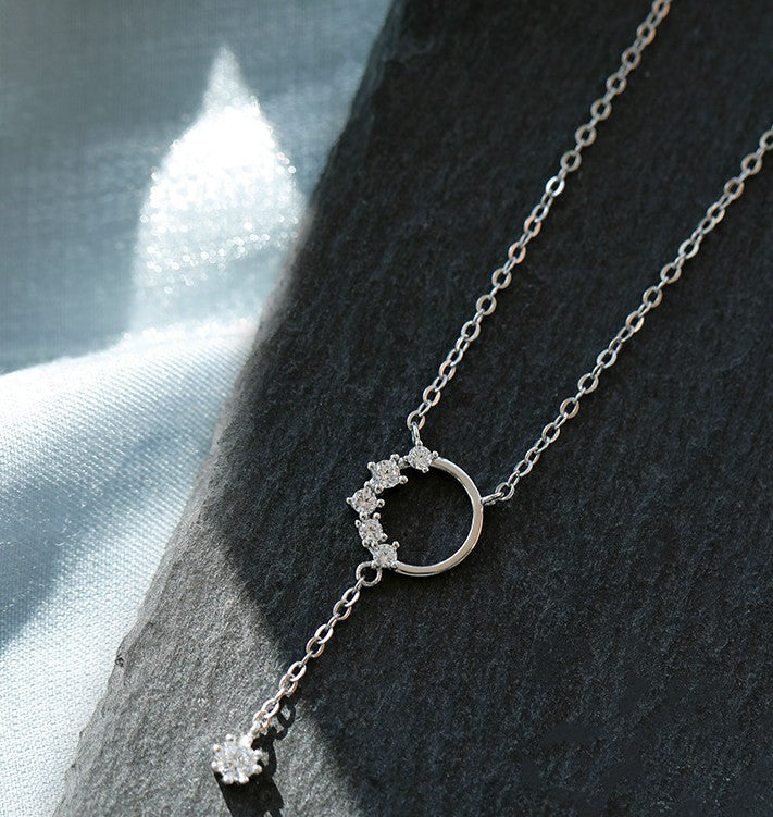 O - Crystal Circle Pendant Necklace 925 Sterling Silver Dangling Zircon Choker Gift