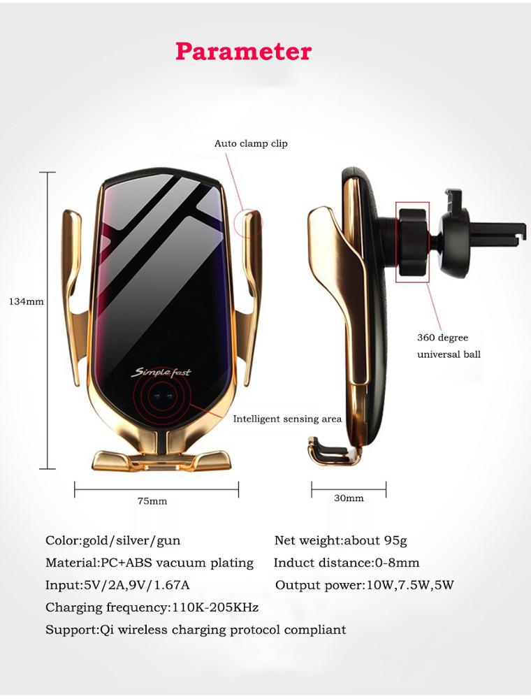 K - Wireless Car Phone Holder Charger Automatic Clamping Mount Charger Gold Black Silver