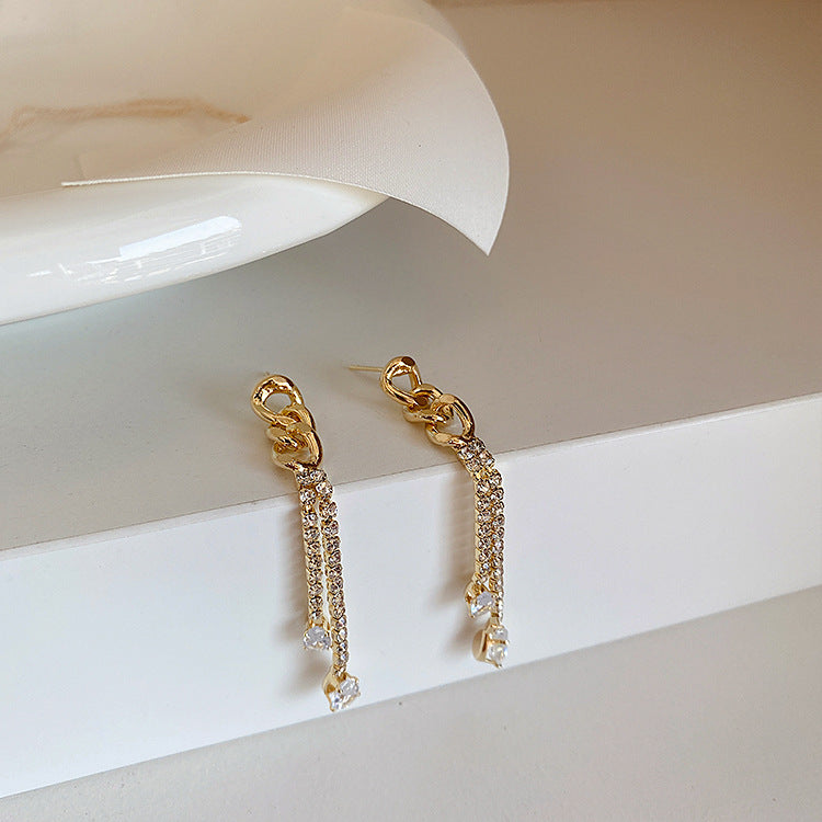 A - 18K Gold Plated Double Diamond Cubic Zirconia Chain Earring Drop Gift