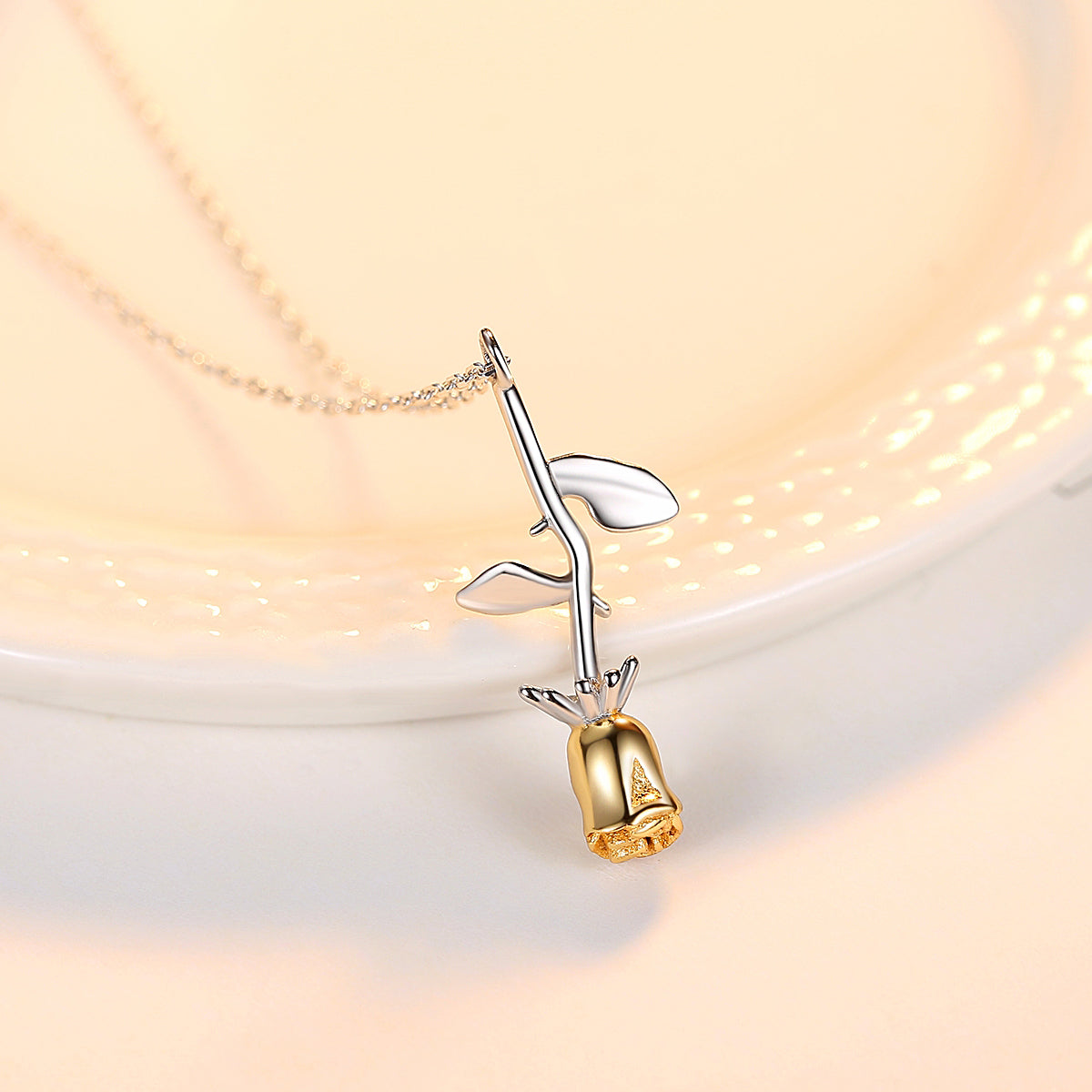 G - Rose Stem Necklace 18K Gold Plated on 925 Sterling Silver Belle Beauty & the Beast Pendant Gift
