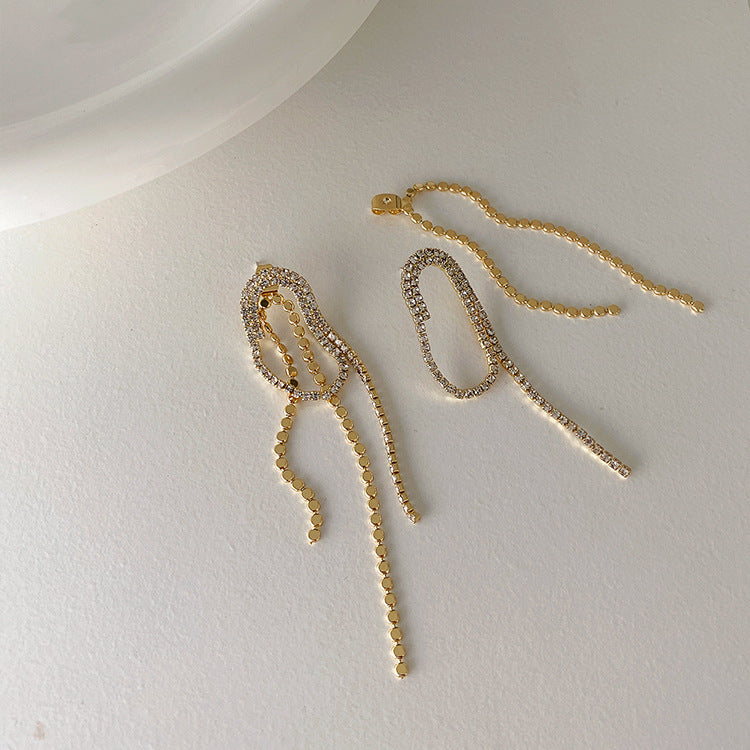 J - Crystal Rhinestone Tassel 18K Gold Plated Paper Clip Earrings Elegant Long Drop Earrings Jewelry