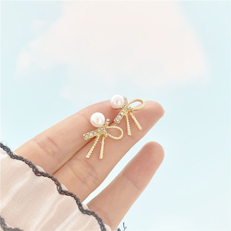 H - Gold Crystal Bow Tie Pearl Earrings Chic 925 Sterling Silver Post Needle Stud