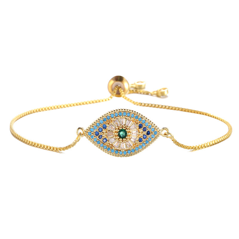 Q - Evil Eyes Bracelet Real Gold Plating Micro CZ Pave Devil Eyes Adjustable Bracelet For Women