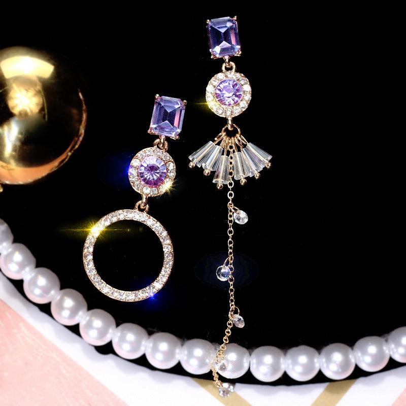 E - Asymmetrical Crystal Earrings Purple White Rhinstone Earring Silver Alloy Fashion Gift